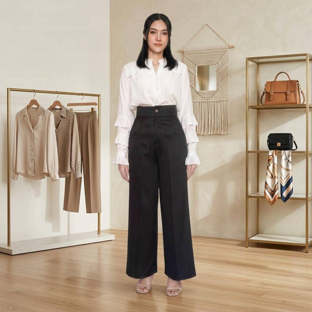 กางเกงขายาวผู้หญิง กระบอกใหญ่ใส่ยางเอวหลัง (ผ้าลายสอง) (S-2XL)