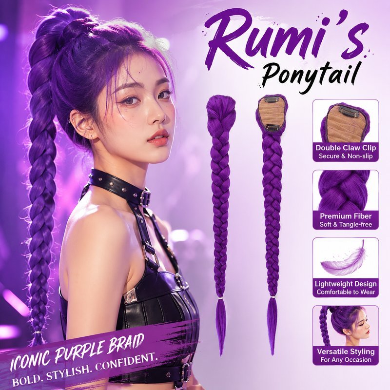 ผมเปียสีม่วง Rumi Huntrix 66cm แฮร์พีชถักเปีย K-pop demon hunter สำหรับคอสเพลย์ สำหรับถ่ายรูปปาร์ตี้