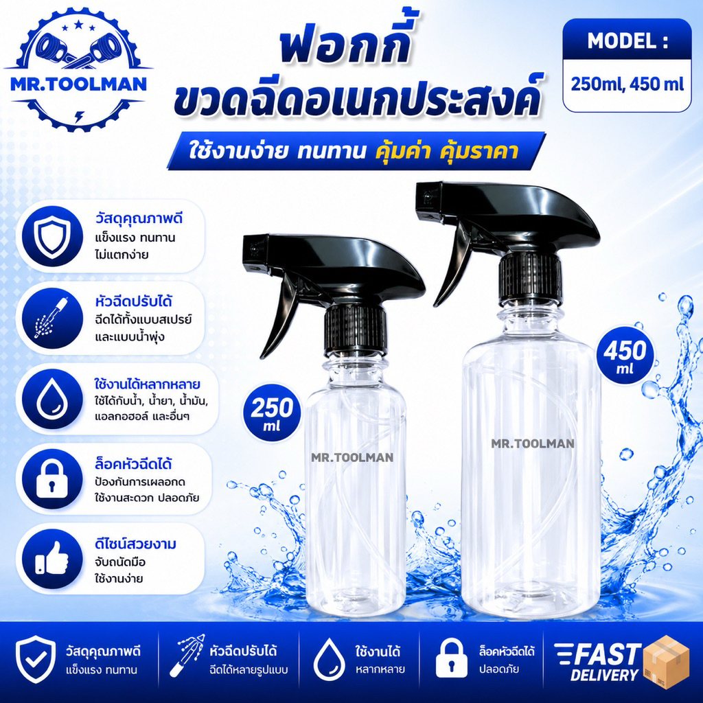 ขวดฟอกกี้ ขวดสเปรย์ ขนาด 250ml, 450ml ปรับหัวได้ 3 แบบ