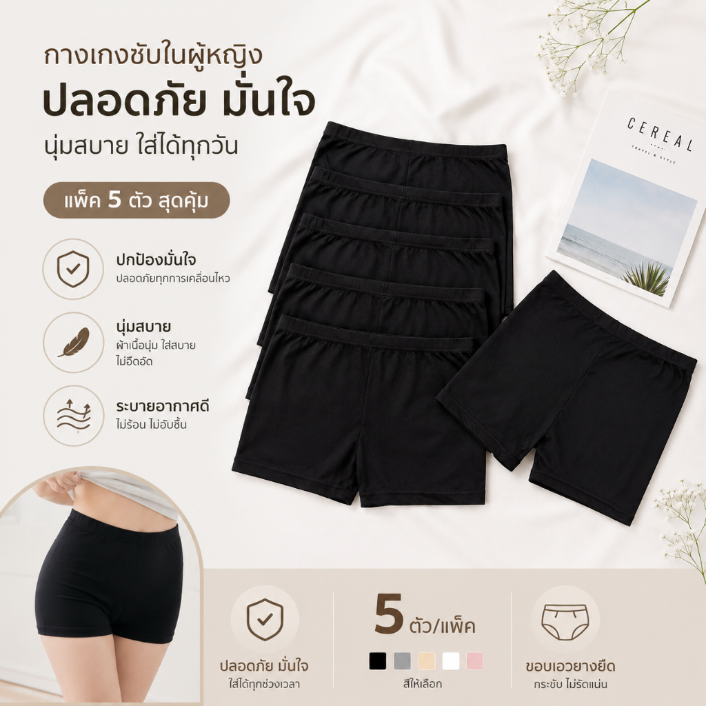 【พร้อมส่งในไทย】6601# กางเกงซับในผู้หญิง 5 ตัว ผ้าเย็นไร้ขอบ กันโป๊ กางเกงซับในขาสั้น ยืดหยุ่นสูง ระบายอากาศดี ไม่ม้วนข
