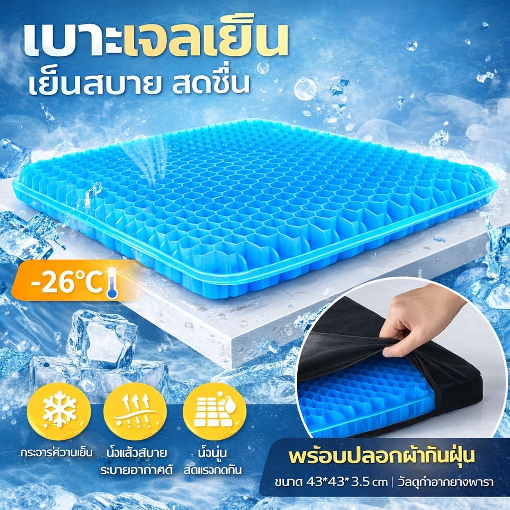 เบาะเจลรองนั่ง เพิ่มความหนา เบาะรองนั่ง เนื้อเจลรังผึ้งแถมปลอกผ้าถอดซักได้ เบาะเจลรังผึ้ง เบาะรองนั่งเนื้อเจลรังผึ้ง