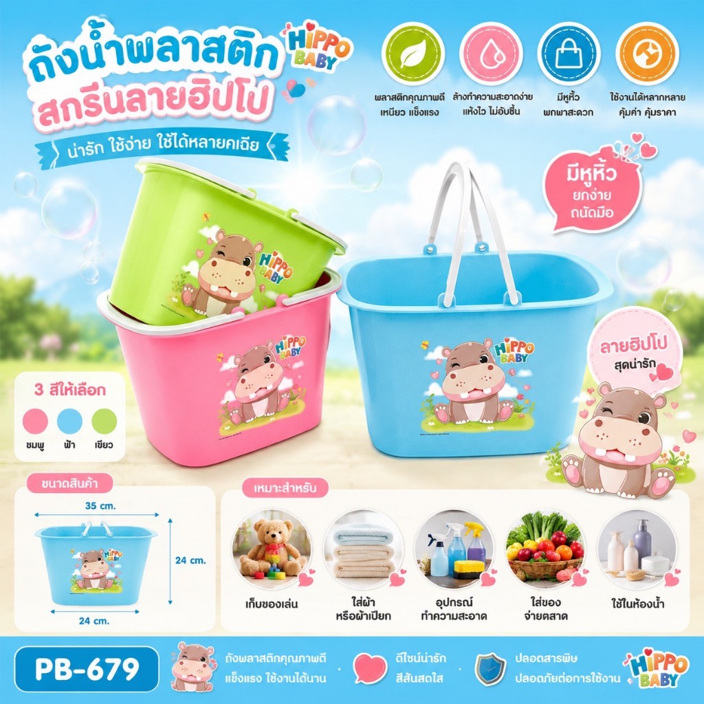 PB-679 ถังพลาสติกมีหูหิ้วสกรีนลายฮิปโป ( พร้อมส่ง )