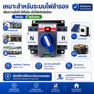 ATS Automatic Transfer Switch 2P 63A สวิตช์สลับไฟหลักไฟสำรอง Auto Manual 1 เฟส สวิตช์สลับแหล่งจ่ายไฟอัตโนมัติ ไฟหลัก ไฟส