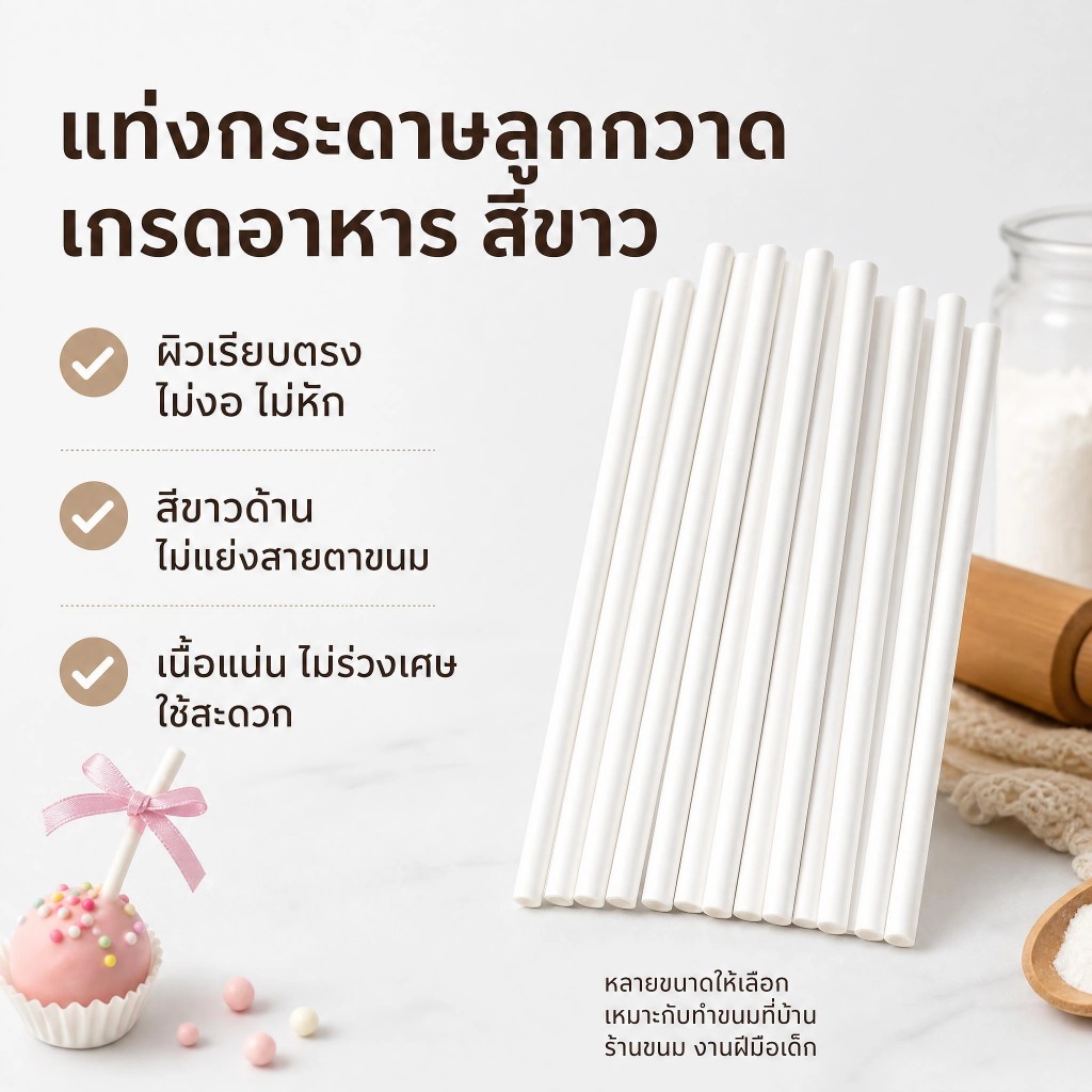 LEMO-T แท่งอมยิ้ม 100 ชิ้น PP สีขาว แกนแข็ง 8/10/12/15 ซม. สำหรับเค้กป๊อป ช็อกโกแลต ลูกอม อุปกรณ์ทำขนม DIY
