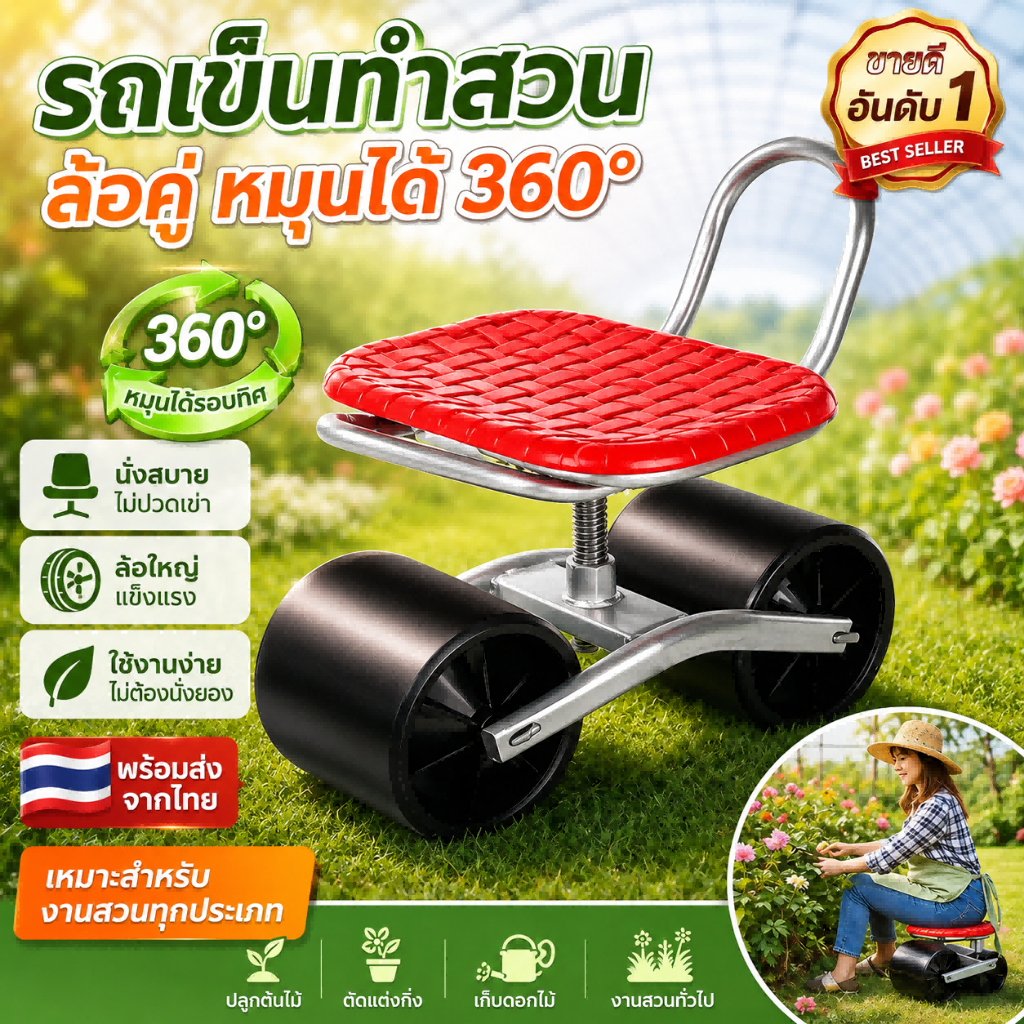 💥สินค้าพร้อมส่ง💥รถเข็นทำสวน เรือนกระจก หมุนได้ 360°  เก้าอี้นั่งทำงาน ปรับระดับได้ ล้อใหญ่ ไม่จมดิน