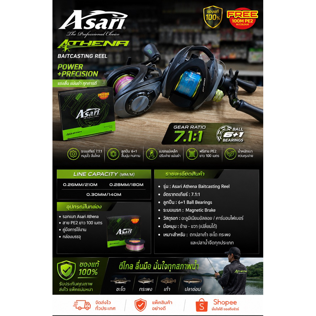 รอกเบท Asari ATHENA  ฟรี สาย PE2 100M  ลื่น รวมความคุ้มไว้ในตัวเดียว รับประกัน 3 ปี คุ้มฟู่ดี