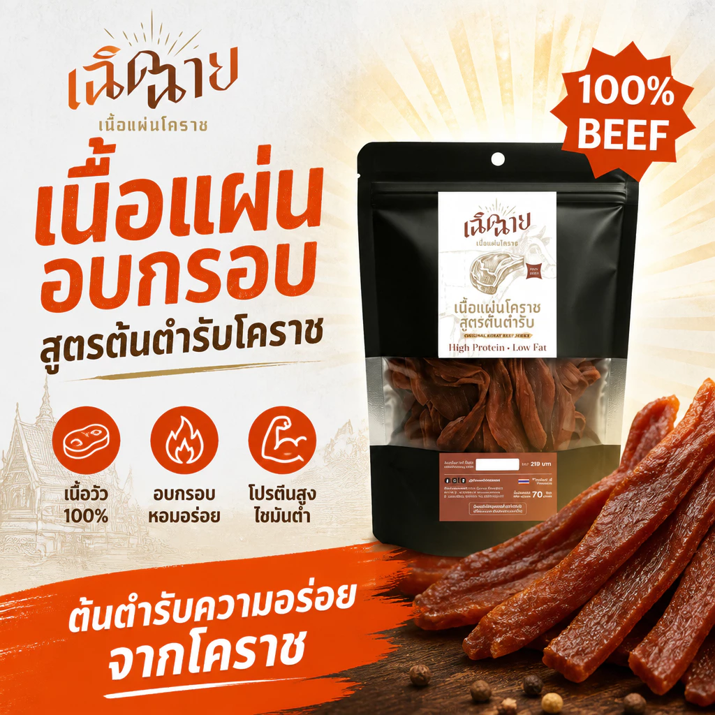 เนื้อแผ่นโคราชอบ 5 ชิ้น อบพร้อมทาน เนื้อแผ่นอบแห้ง ของกินเล่น เคี้ยวเพลิน โปรตีนสูง thumbnail 5