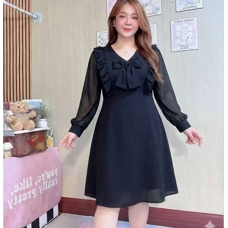 ชุดเดรส สีดำ ผ้าวูฟเวฟ ขนาดฟรีไซส์ รอบอกก่อนยืด 42 นิ้วยืดได้ถึง 47 นิ้ว รอบเอว 32-44 นิ้ว สะโพก 40-50 นิ้วยาว 38-40นิ้ว