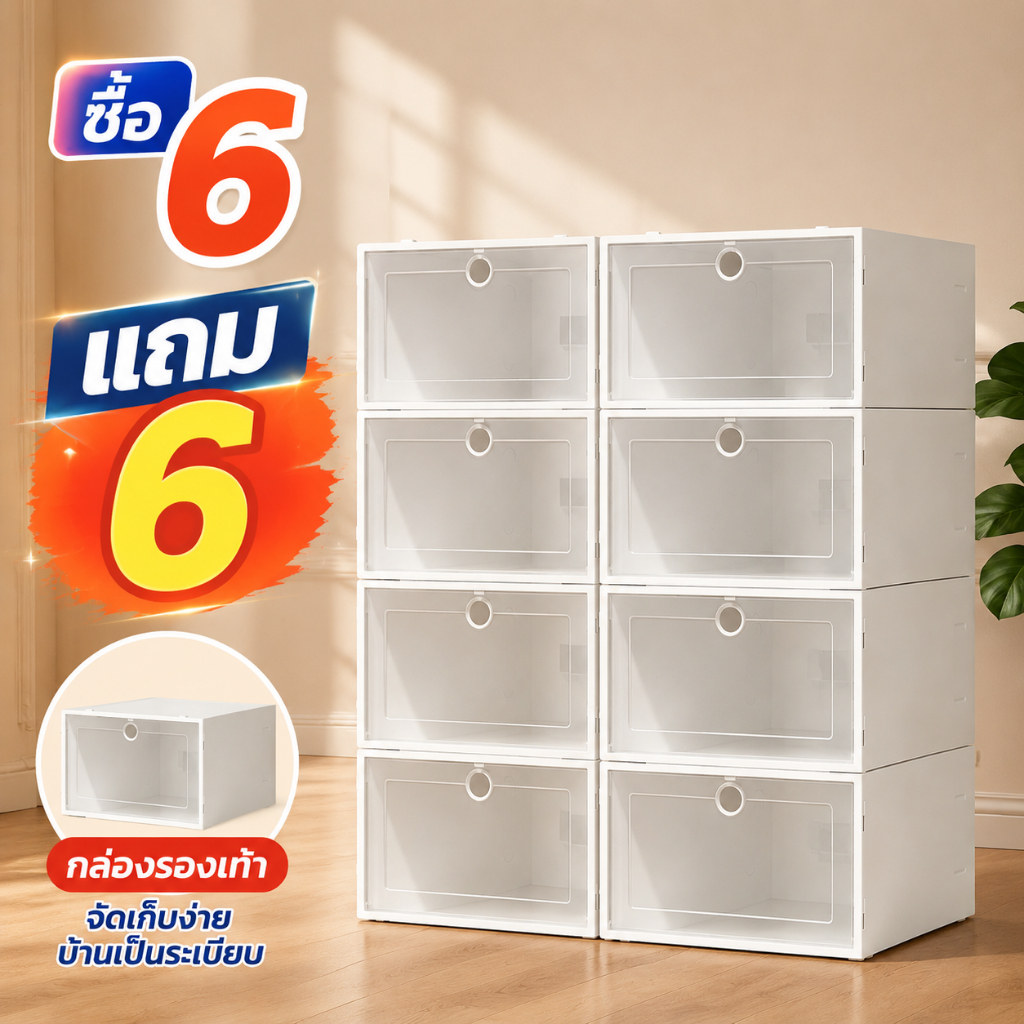 ซื้อ 6 แถม 6 กล่องเก็บรองเท้าโปร่งใส มองเห็นด้านในชัดเจน ซ้อนเก็บง่าย กันฝุ่น กันน้ำ วัสดุแข็งแรง ทนทาน ใช้งานสะดวก