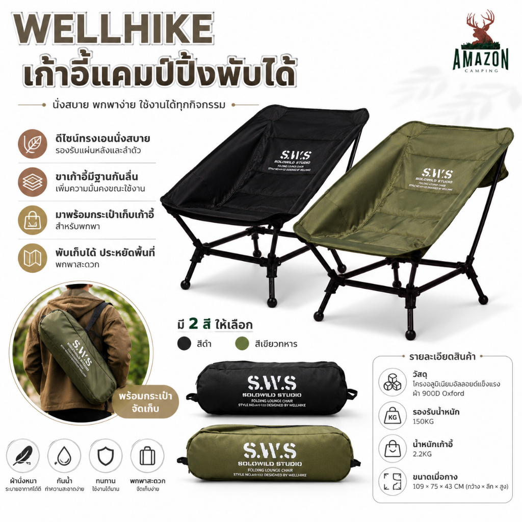 WELLHIKE เก้าอี้แคมป์ปิ้งพับได้S.W.S เก้าอี้สนามสำหรับสายแคมป์ปิ้ง ดีไซน์เรียบเท่ สไตล์มินิมอล