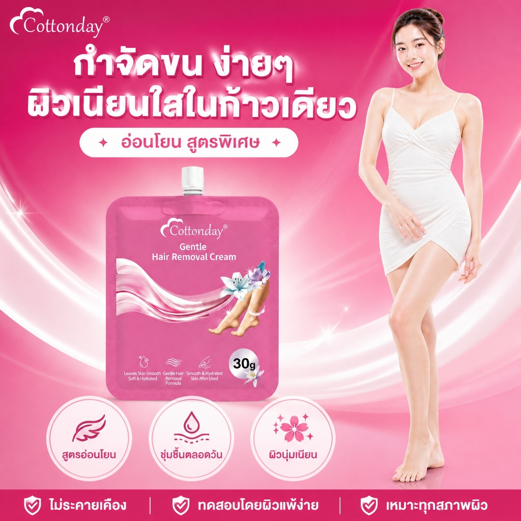 Cottonday ครีมกำจัดขนหลุดถึงราก ไม่ทิ้งตอ ไม่แสบผิว Gentle Hair Removal Cream สำหรับผิวแพ้ง่าย กลิ่นไม่ฉุน รักแร้ขาวเนีย