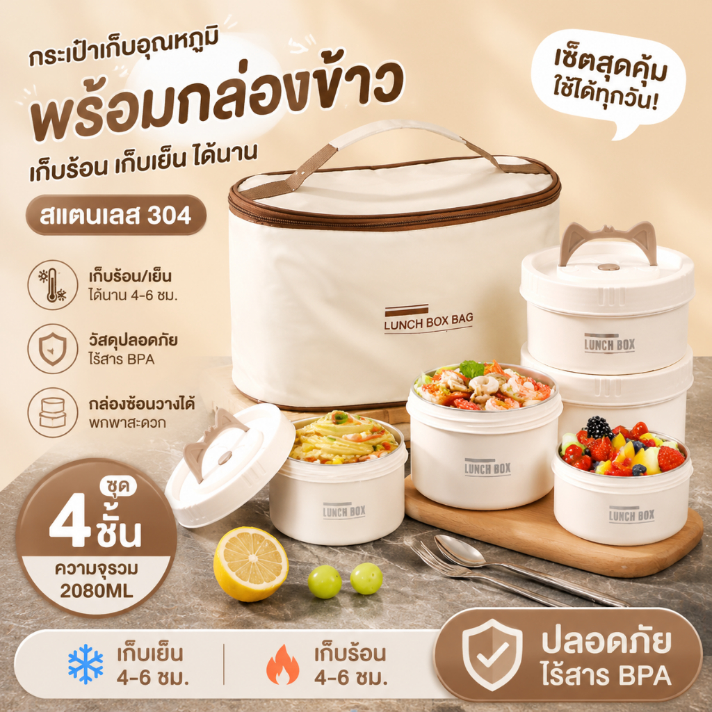 (จัดส่งในวันเดียวกัน) เบนโตะสแตนเลสกล่องอาหารกลางวัน + ถุงเก็บความร้อนกล่องอาหารกลางวันสามารถอุ่นไมโครเวฟป้องกันการรั่วไ