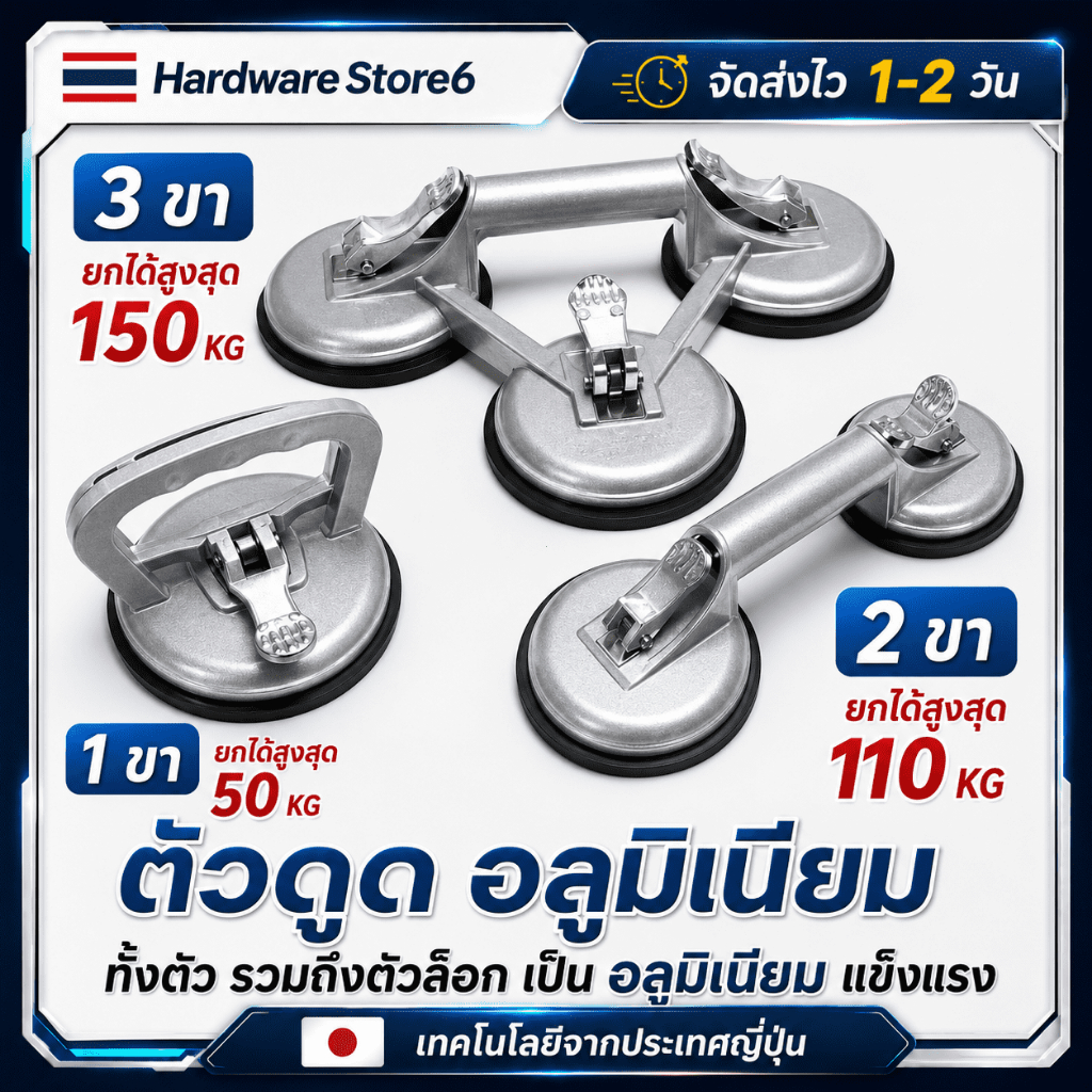 Hardware Store6 จัดส่งภายใน 24 ชม. ตัวดูดกระจกอลูมิเนียม 1/2/3ขา ยก50-150KG ใช้ยกกระจก กระเบื้อง ดึงรอยบุบรถ แข็งแรงมากๆ