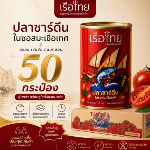 ขายดี 50 กระป๋อง - ตราเรือไทย สูตรปลาซาร์ดีนในซอสมะเขือเทศ 155g