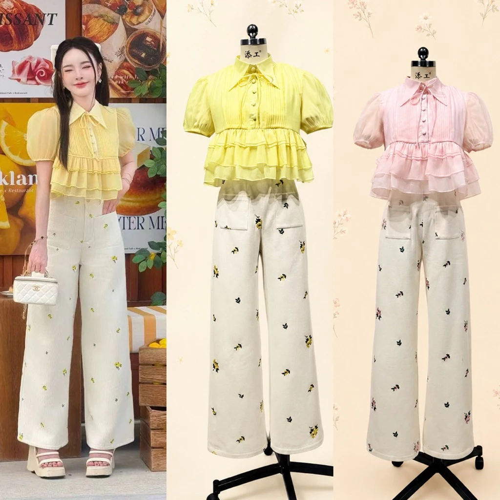 (ปกติ อก.5 ลงได้ เอว.5 ข้าม) ชุดเซตกางเกงขายาว เสื้อชั้นๆ+กางเกงผ้าลูกฟูก งานปัก งานป้าย thanyacha