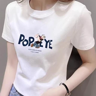 Slim Fit เสื้อยืดสีขาวผ้าฝ้ายแท้ ทรงกระชับรูปร่าง ลายพิมพ์น่ารัก ใส่ประจำวัน พร้อมส่งทั่วไทย