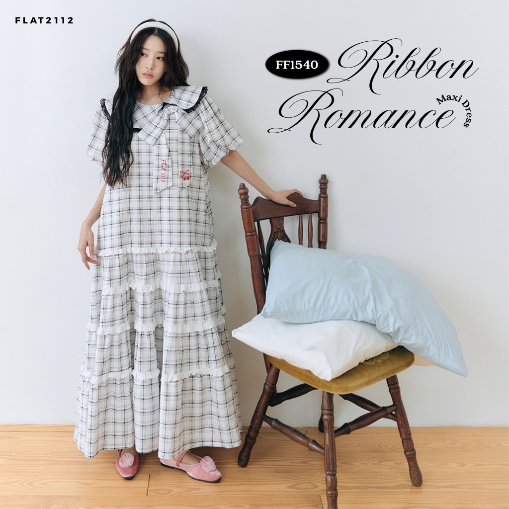 FLAT2112 : RIBBON ROMANCE MAXI DRESS เดรสยาวลูกคุณหนู เดรสสไตล์เกาหลี เดรสโบว์ใหญ่ เดรสแขนพอง เดรสคอปกกะลาสี (FF1540)