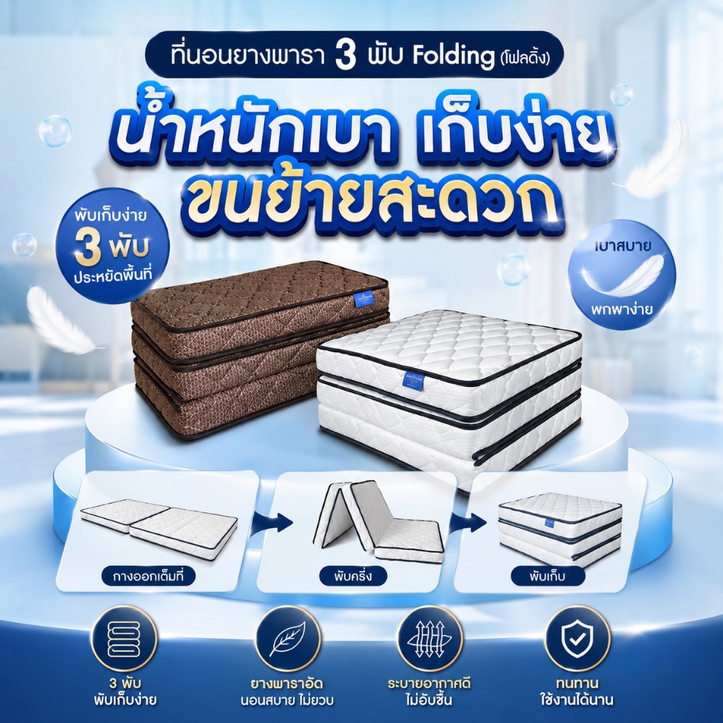 Solomon ที่นอนปิกนิก ยางพารา อัด 3 พับ รุ่น Folding หนา 4 นิ้ว พับเก็บง่าย รองรับสรีระ
