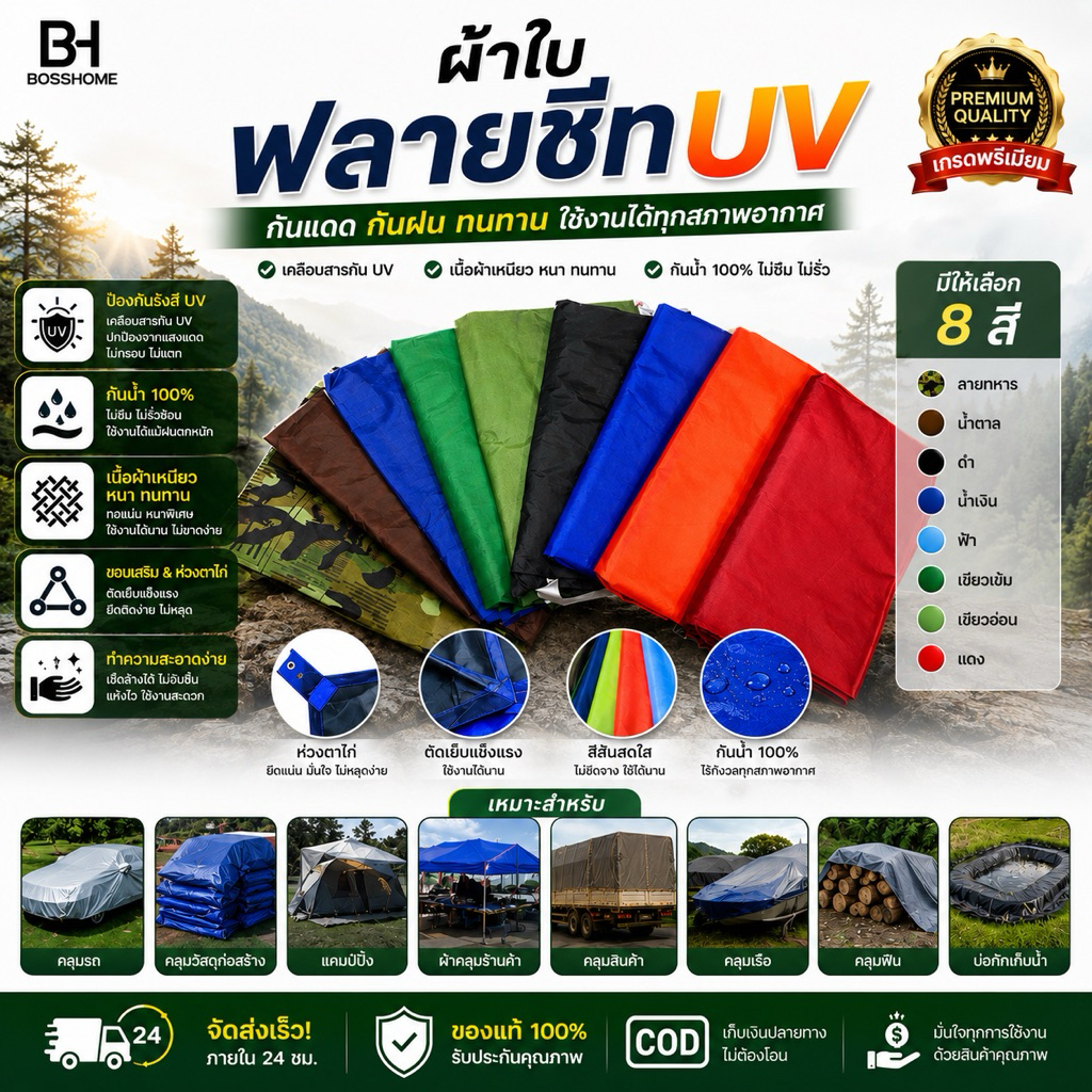 ผ้าใบฟรายชีทเคลือบ UV กันแดด กันฝน  เก็บง่าย ผูกเชือกได้ น้ำหนักเบา เป็นผ้าร่มแห้งเร็ว