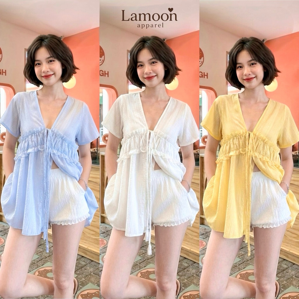 [พร้อมส่ง] summer breeze blouse เสื้อแขนสั้นแต่งระบายอก ป้าย sheeny ชุดไปคาเฟ่ ชุดไปทะเล by Lamoon apparel