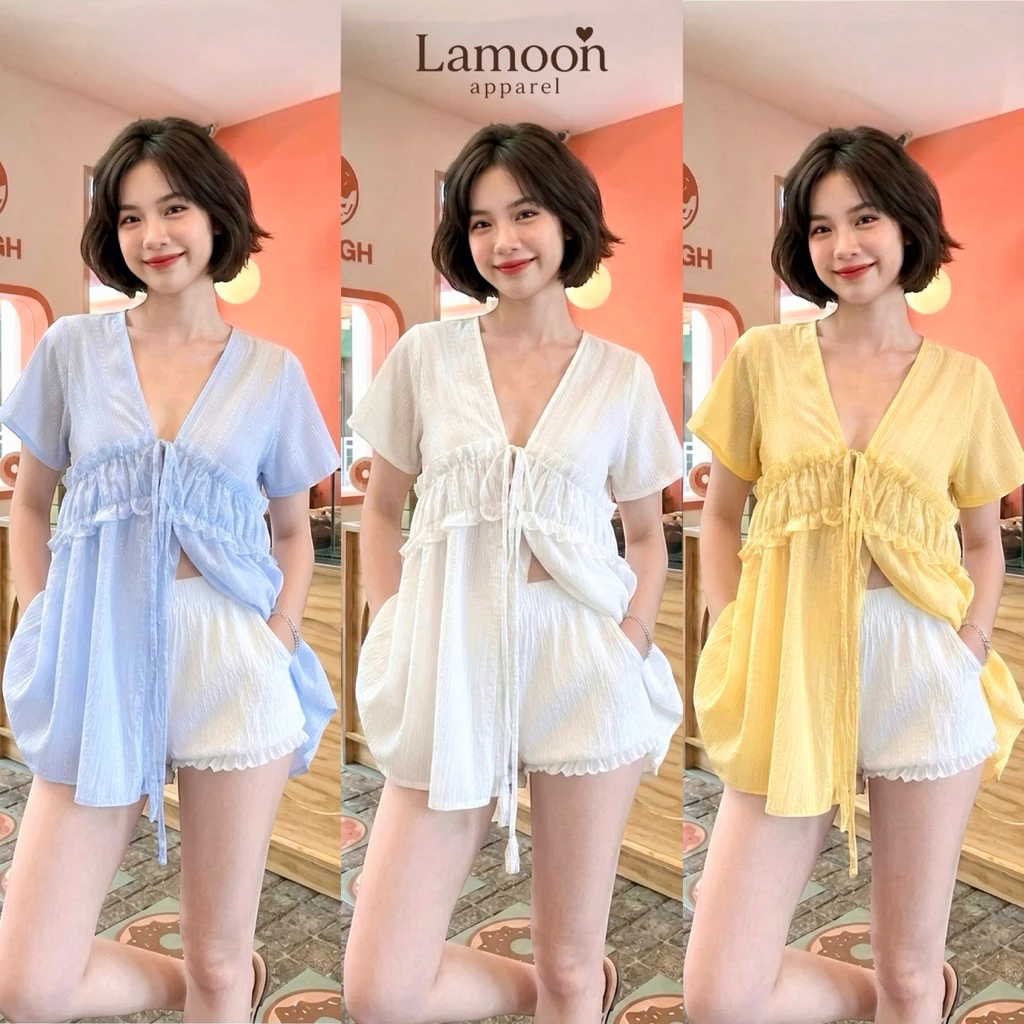 [พร้อมส่ง] summer breeze blouse เสื้อแขนสั้นแต่งระบายอก ชุดไปคาเฟ่ ชุดไปทะเล by Lamoon apparel