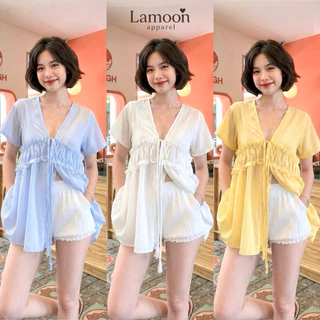 [พร้อมส่ง] summer breeze blouse เสื้อแขนสั้นแต่งระบายอก ชุดไปคาเฟ่ ชุดไปทะเล by Lamoon apparel