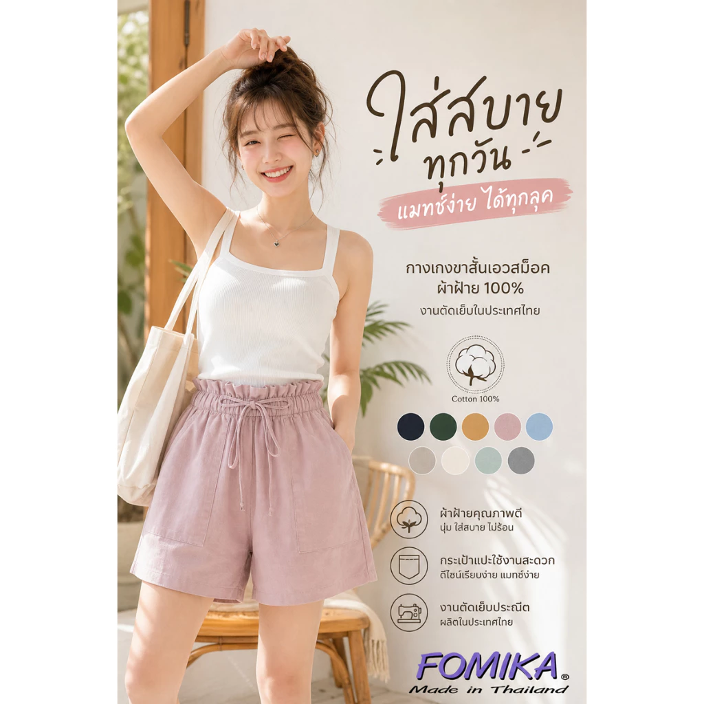 🍃 FOMIKA 2🍃กางเกงขาสั้น กางเกงขา​สั้น​ผู้หญิง​ ผ้าฝ้ายแท้100% เชือกรูดได้จริง​