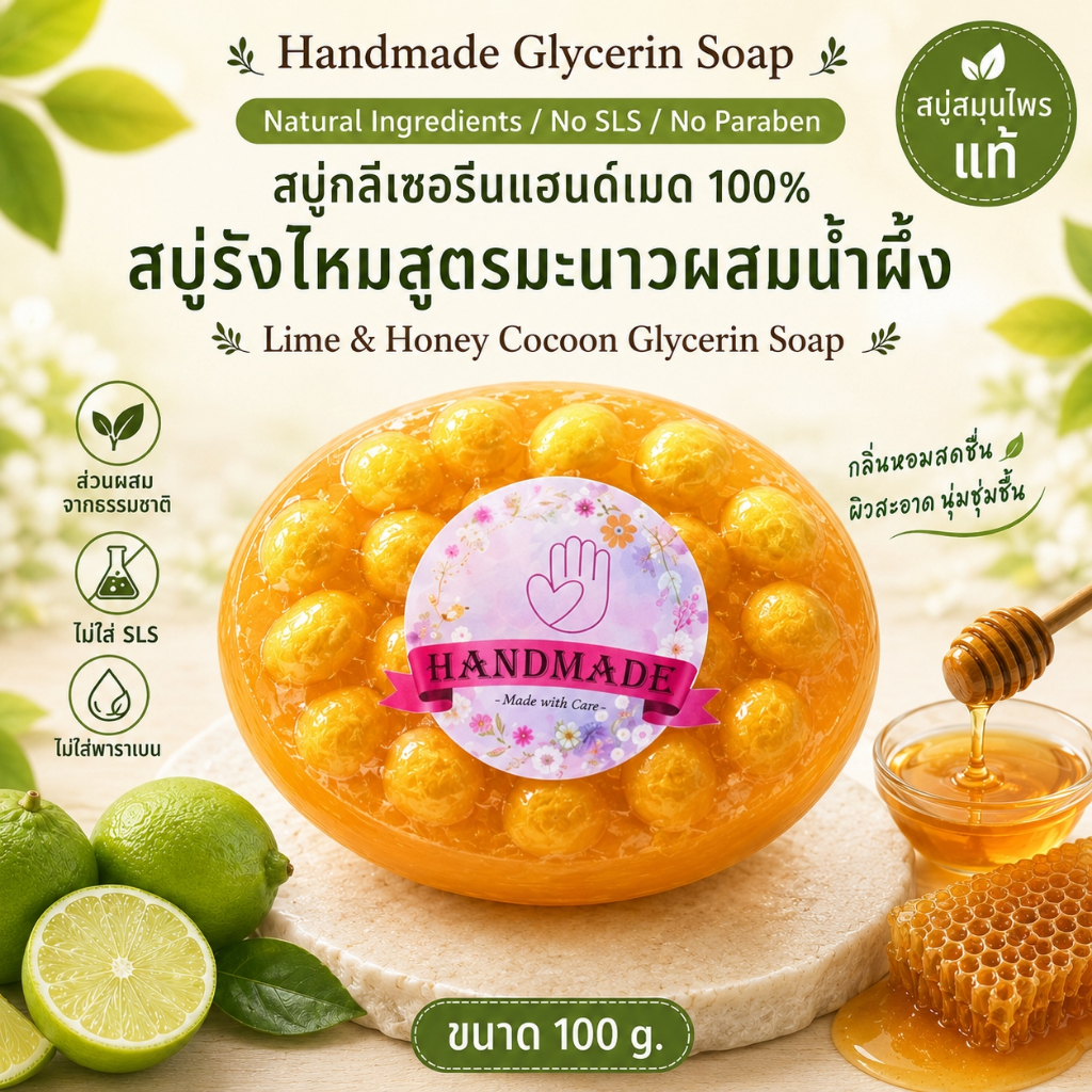 🎀สบู่รังไหมมะนาวน้ำผึ้ง🎀 100 กรัม สบู่สมุนไพรแท้ Lime & Honey Cocoon Glycerin Soap สบู่กลีเซอรีน สบู่แฮนด์เมด สบู่สั่งทำ
