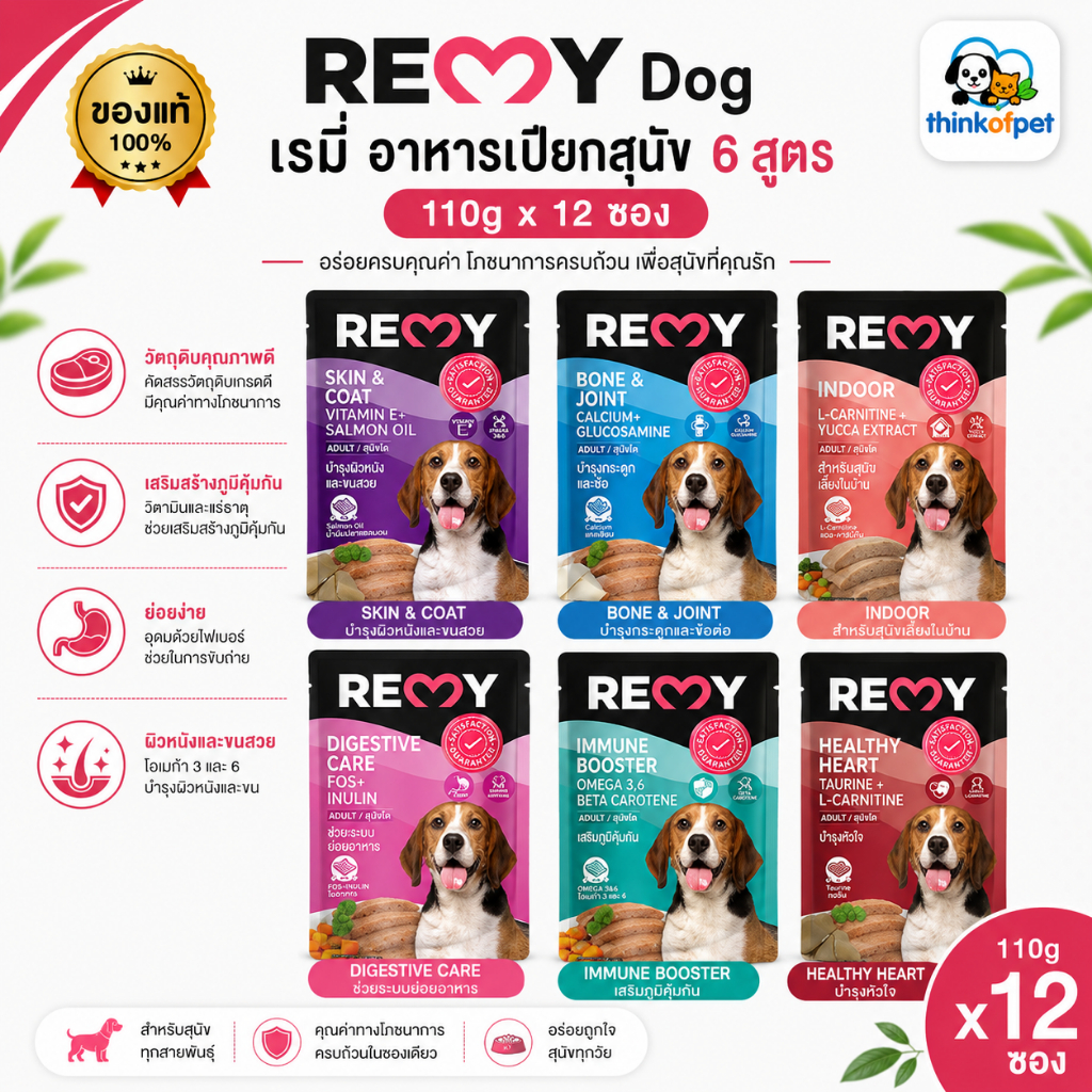 Remy Dog เรมี่ อาหารเปียกสุนัข 6 สูตร 110g x12 ซอง Skin & Coat Bone & Joint Indoor Digestive Immune Healthy Heart