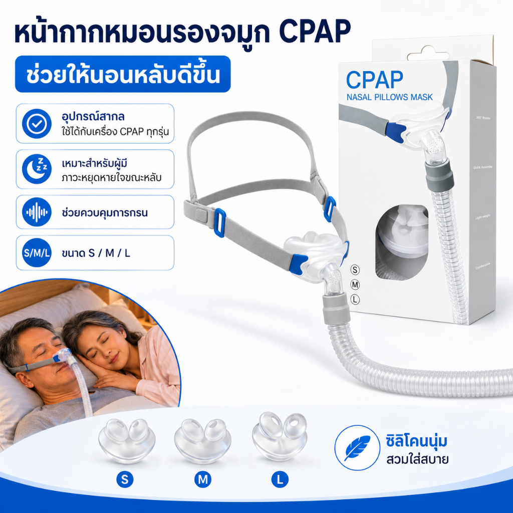 หน้ากากหมอนจมูก CPAP  อุปกรณ์สากลเครื่องช่วยหายใจ ปรับปรุงการนอนหลับ เบาะจมูก S/M/L ใช้กับเครื่องแก้กรนหยุดหายใจขณะหลับ