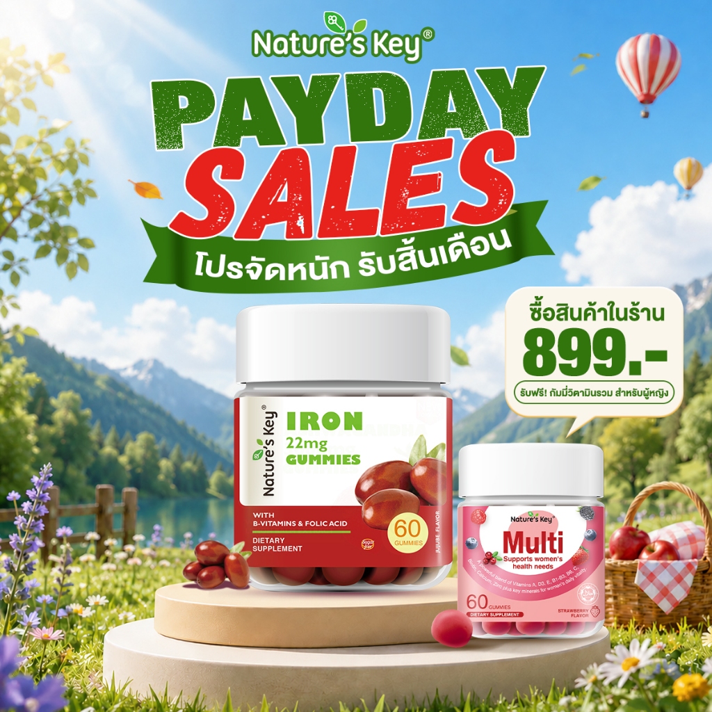 Nature's Key Iron Gummies ธาตุเหล็ก บำรุงเลือด เพิ่มพลังงาน ไม่มีน้ำตาล ธาตุเหล็ก ป้องกันโลหิตจาง เหน็บชา ดูดซึมไว