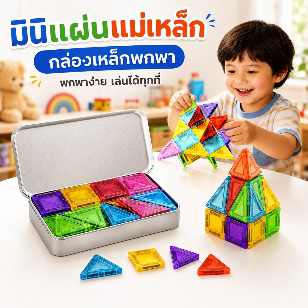 KiKi มินิแผ่นแม่เหล็ก 20/42 ชิ้น Mini Magnetic Tiles กล่องเหล็กพกพา ของเล่น STEM ฝึกสมองเด็ก พร้อมส่ง