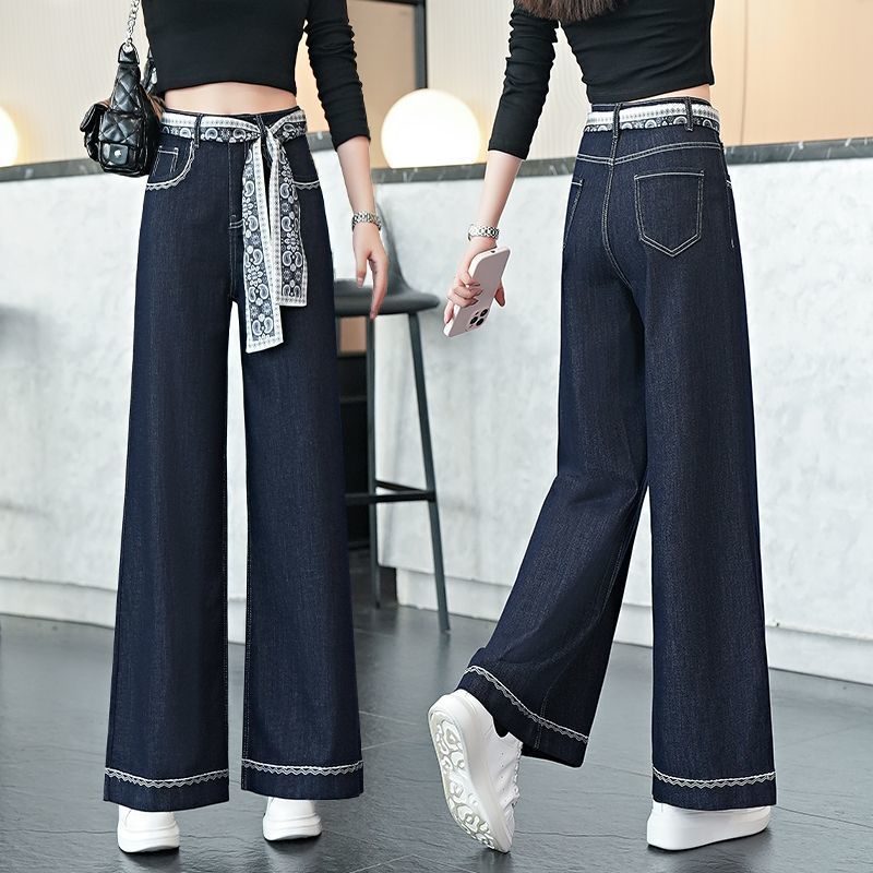 Aurae S-6XL 👖กางเกงยีนส์ขากว้างสีน้ำเงินเข้มวินเทจ มาพร้อมผ้าพันเอว ผ้าสูงเอว ทรงหลวมตรง ยาวถึงพื้น✨