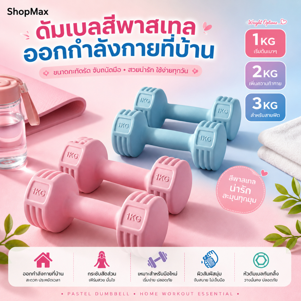 ShopMax ดัมเบล 1kg-5kg ดัมเบลผู้หญิ การฝึกแขน ดัมเบลยาง ดัมเบลขนาดเล็ก มีสามสีให้คุณเลือก