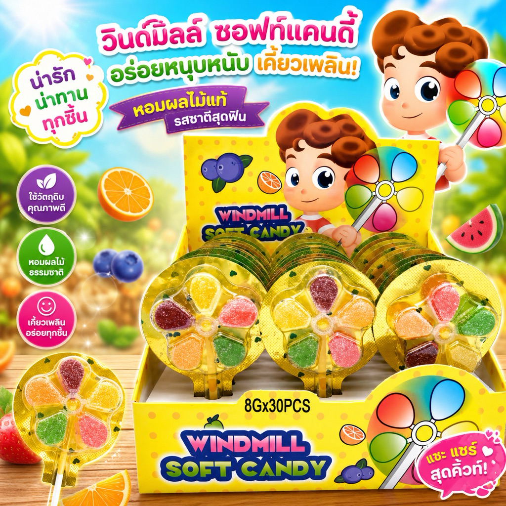 เยลลี่ผลไม้กังหันก.เหลือง30ชิ้น เยลลี่กังหันรสผลไม้ พร้อมส่ง