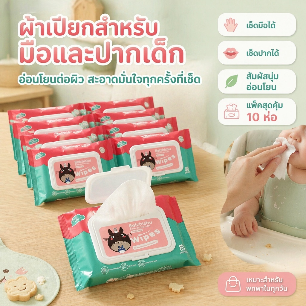 ยกแพค 10 ห่อ ทิชชูเปียก 1ห่อ80แผ่น ทิชชู่เปียก ของเด็ก น้ำเต็มๆ แผ่น ผ้านุ่มชุ่มชื่น พร้อมส่ง ส่งไว