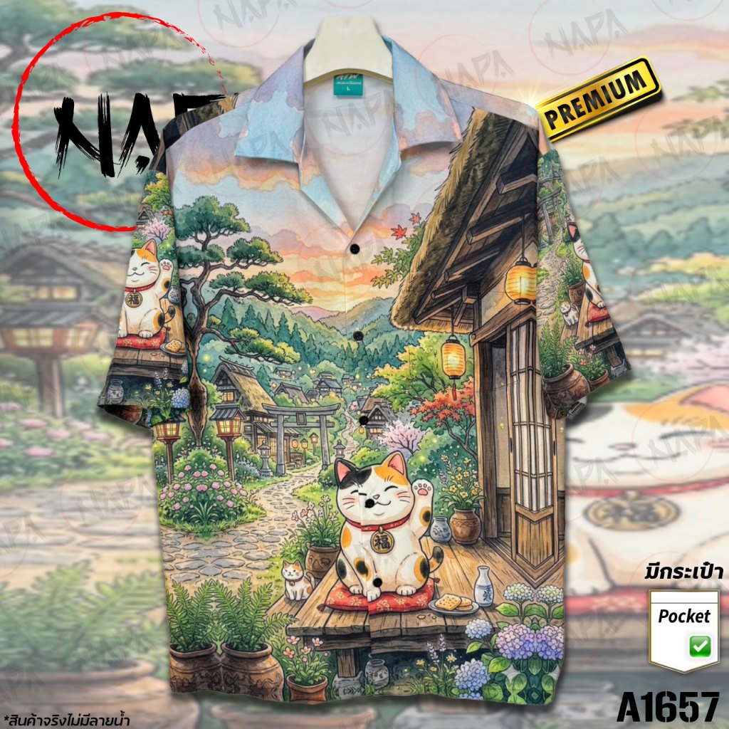 เสื้อฮาวาย แมวกวักบ้านโบราณ A1657 ผ้าไหมอิตาลีแท้