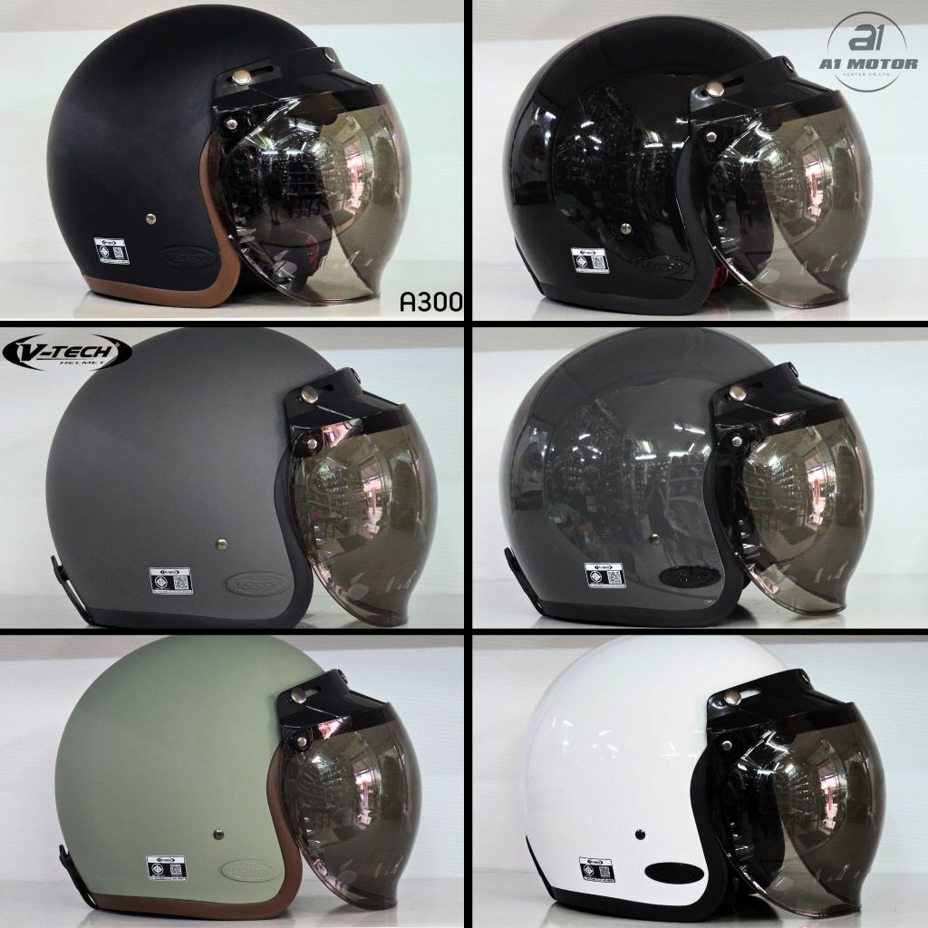 หมวกกันน็อคคลาสสิค วินเทจ V-TECH รุ่น A300 พร้อมชิวทรงบั้บเบิ้ล รอบศีรษะไม่เกิน 57-59 cm มาตรฐาน มอก.
