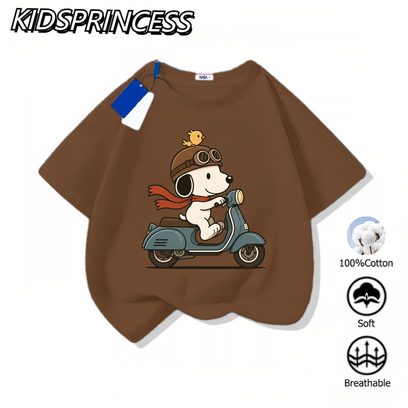เสื้อยืดเด็กผู้หญิง KIDS PRINCESS ลายการ์ตูนสุนัขขี่สกู๊ตเตอร์ สีโทนน้ำตาล เสื้อเด็กแฟชั่น Oversize ผ้าคอตตอน ใส่สบาย น่