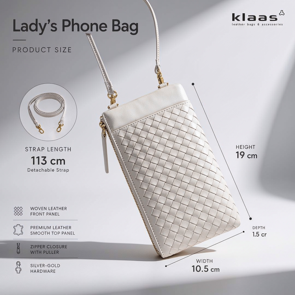13-502kl01 lady’s phone bag intrecciato กระเป๋าโทรศัพท์สะพายข้างของผู้หญิง หนังแท้ สานมือ แบรนด์ klaas ของแท้
