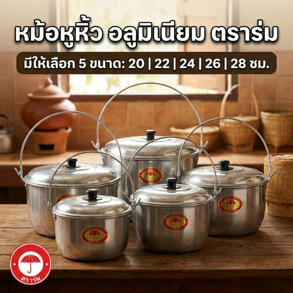 ( 1 ชิ้น) หม้อหูหิ้ว หม้ออวย อลูมิเนียม ตราร่ม (ขนาด 20-22-24-26-28 ซม.) หม้อต้มอาหาร