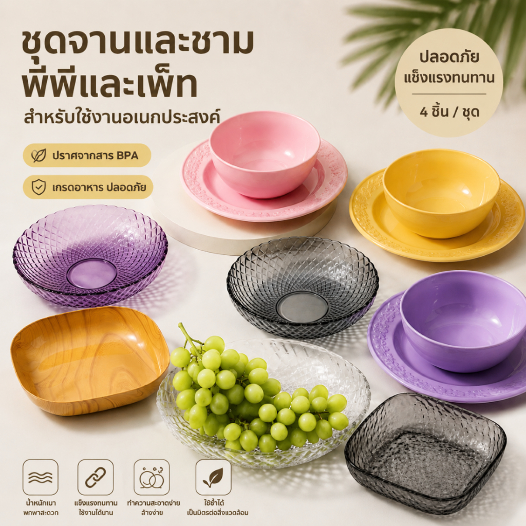 ชุดจานและชาม PP/PET 4 ชิ้น ดีไซน์เรียบหรู ใช้สำหรับอาหาร ผลไม้ และขนม