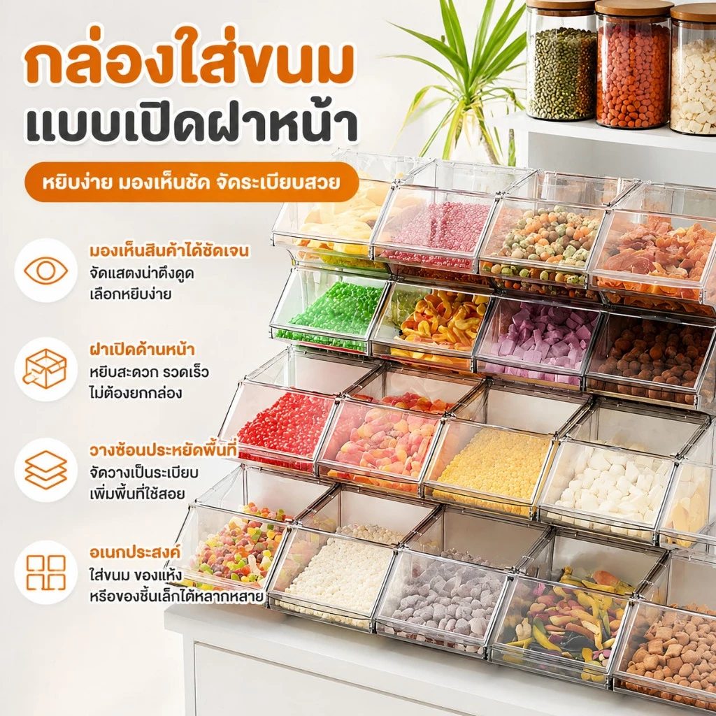[ซื้อ 9 แถม 7]กล่องเก็บของใส กล่องใส่ลูกอม กล่องใส่ซองกาแฟ กล่องใส่ของแบบมีบานพับด้านบน วางซ้อนกันได้