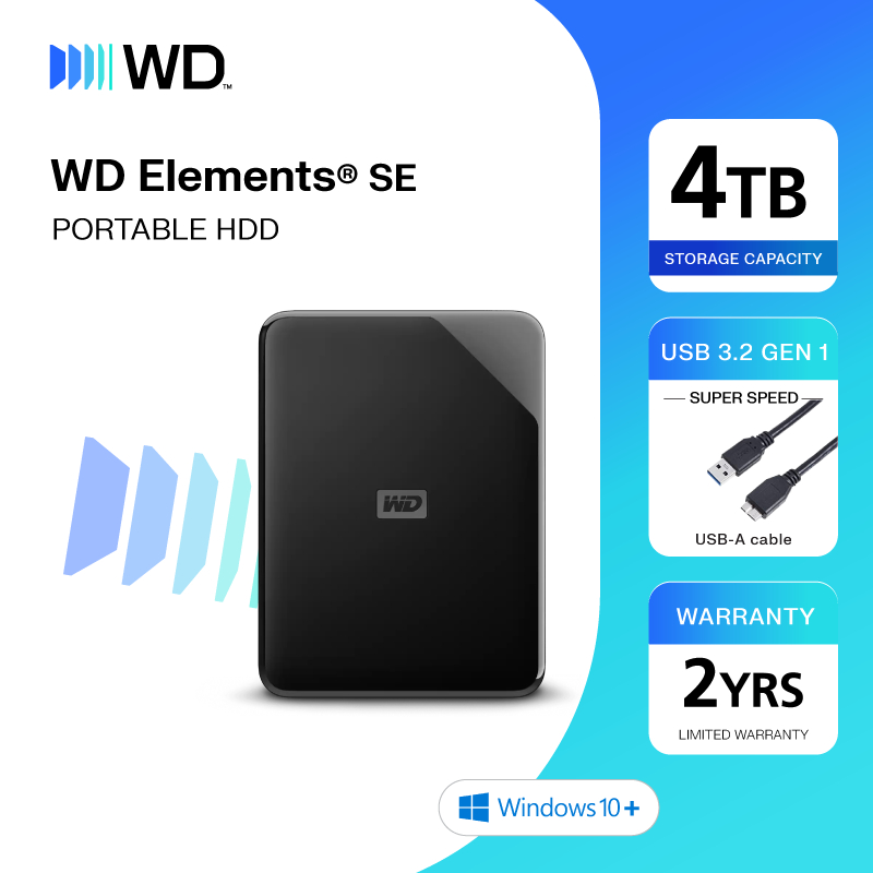 Western Digital HDD ELEMENTS USB-C 4TB (BLACK) ฮาร์ดดิสก์แบบพกพา รุ่น ELEMENTS USB-C
