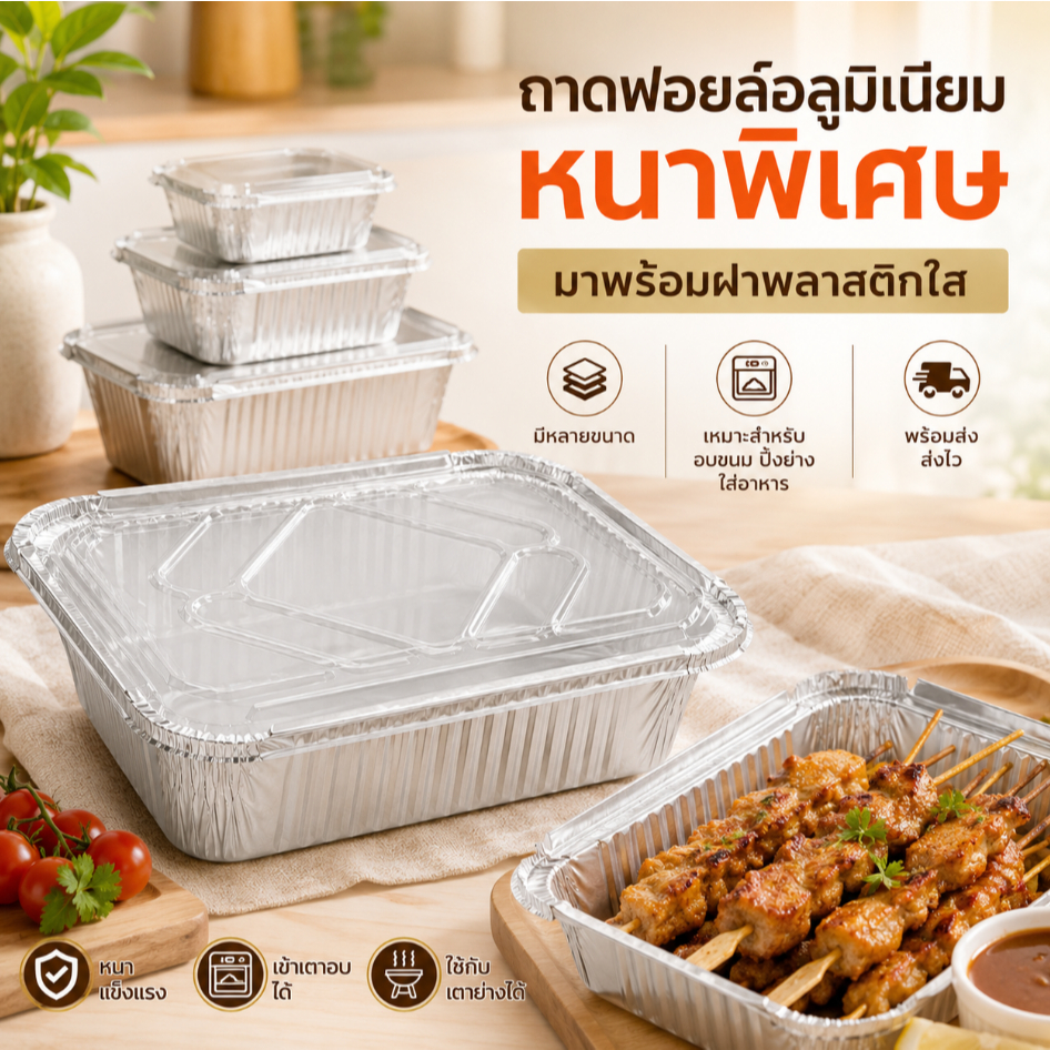 ราคาส่งจากโรงงาน ถาดอลูมิเนียมฟอยล์พร้อมฝา หนาพิเศษ มีหลายรูปแบบและขนาด พร้อมส่ง จัดส่งรวดเร็ว