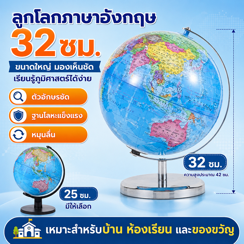 ลูกโลกภาษาอังกฤษ 32/25 ซม. ลูกโลกตั้งโต๊ะ หมุนได้ 360° สื่อการสอนภูมิศาสตร์ สำหรับเด็กนักเรียน