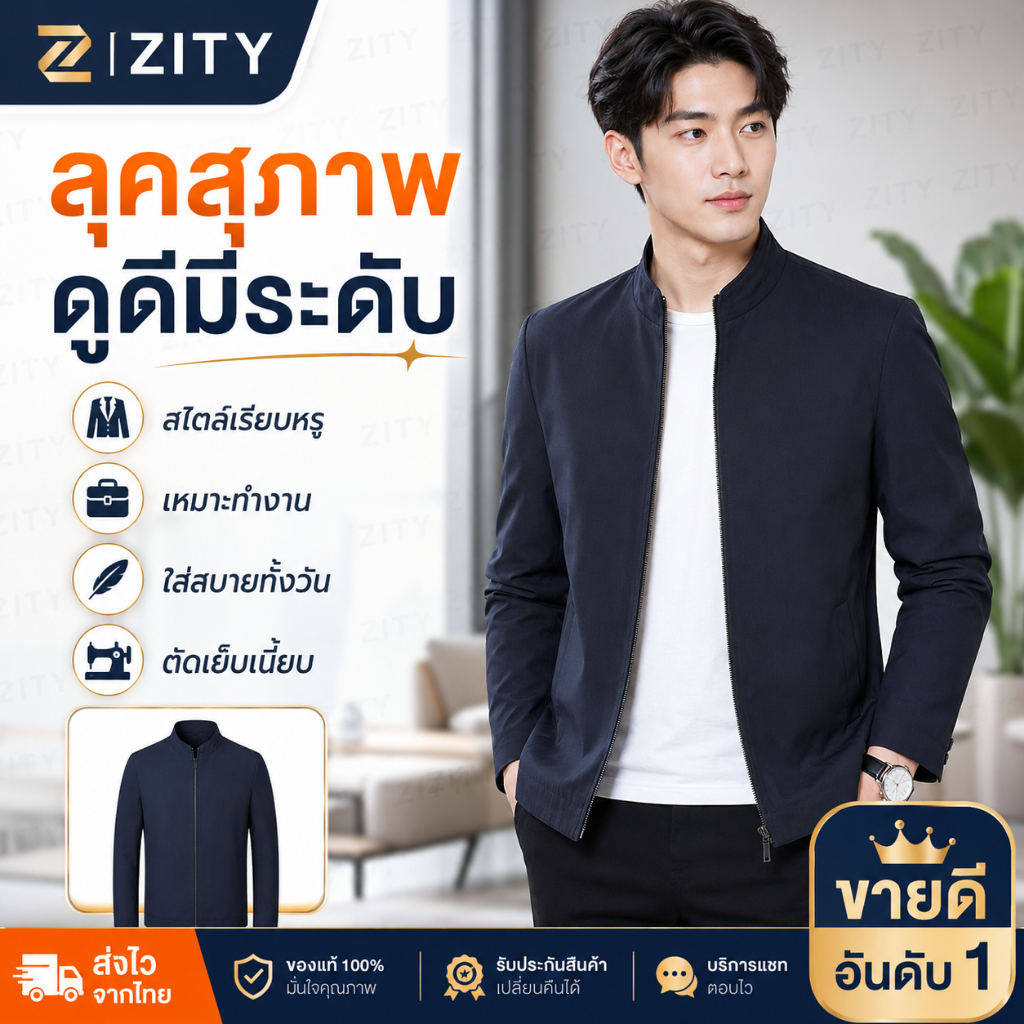 ZITY ผู้ชายอย่างเป็นทางการแจ็คเก็ตธุรกิจอย่างเป็นทางการ แจ็คเก็ตซิปเรียบง่าย แจ็คเก็ตระเบิดบาง