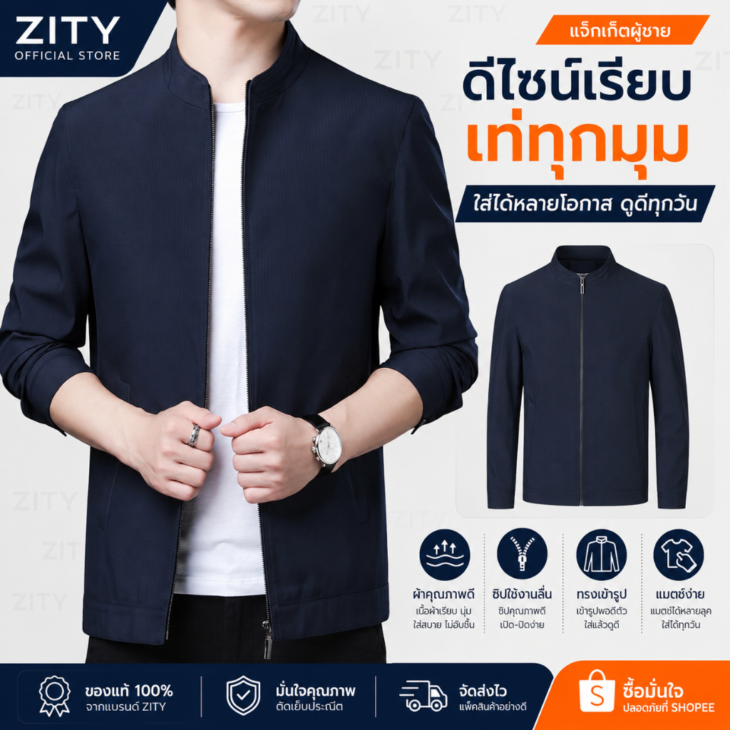 เสื้อแจ็คเก็ตลีลาสำหรับผู้ชาย  สไตล์ลำลอง คอปก สไตล์บอมเบอร์ มีกระเป๋าซิป ลุคมอเตอร์ไซค์เกาหลี