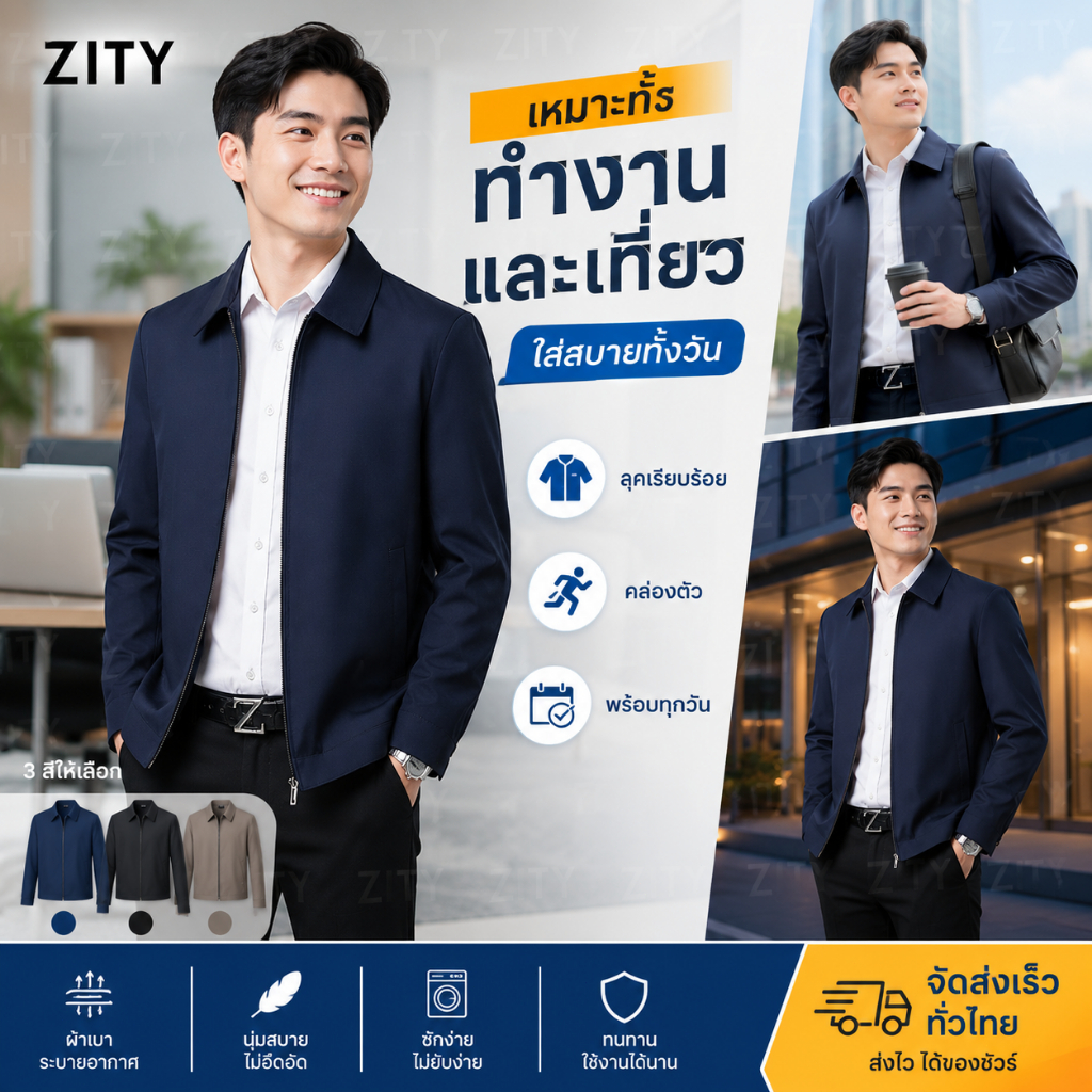 ZITYแจ็คเก็ตระเบิดของผู้ชายที่มีซิปและกระเป๋าเสื้อ Lapel Wind Coat แจ็คเก็ตมอเตอร์ไซค์เกาหลี