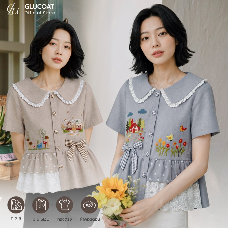 Glucoat | [A656/A703] เสื้อแขนสั้นคอปก ปักลายชายระบายแต่งเทปฉลุ พร้อมเข็มกลัดโบว์ กระดุมหน้าใช้งานได้จริง